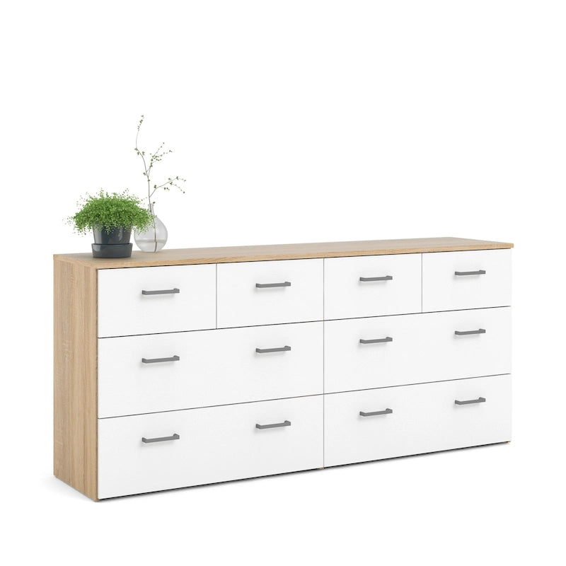 Modern Oak and White Eight Drawer Dresser with Bar Handles