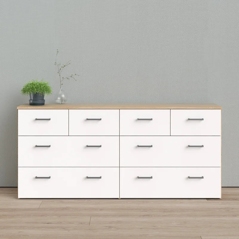 Modern Oak and White Eight Drawer Dresser with Bar Handles
