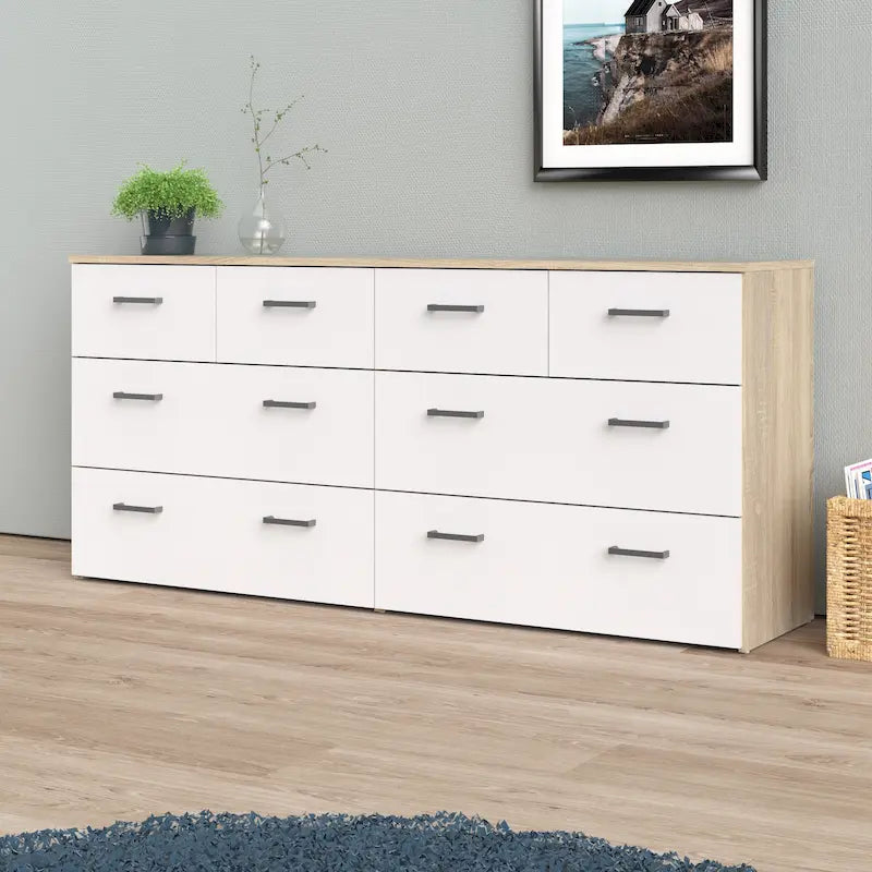 Modern Oak and White Eight Drawer Dresser with Bar Handles
