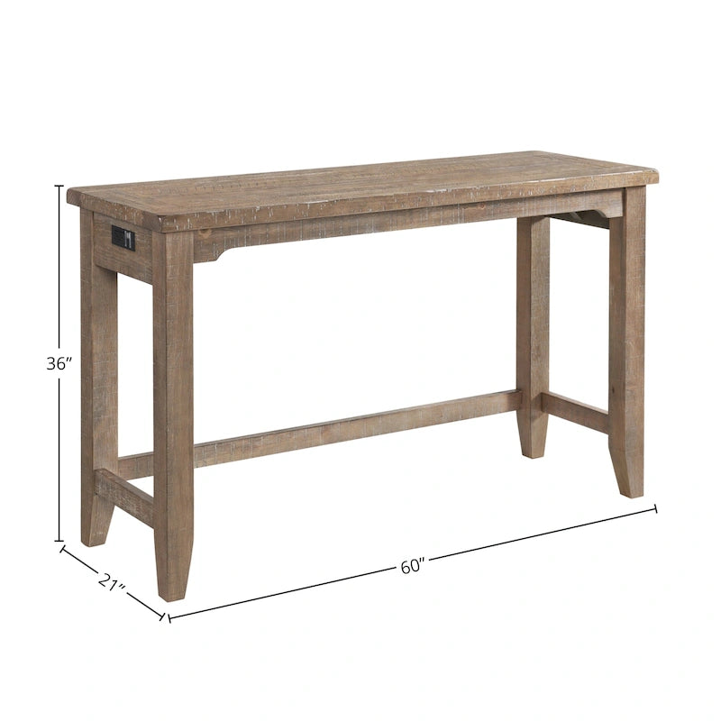 Rustic Sandwash Pine Sofa Bar Table with Built-In Electrical Outlets