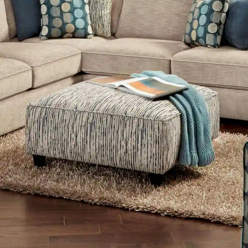 Transitional Ivory Striped Chenille Square Cocktail Ottoman with Wood Legs