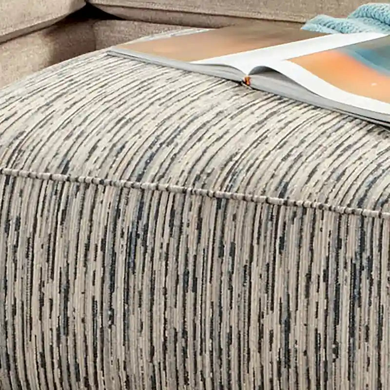 Transitional Ivory Striped Chenille Square Cocktail Ottoman with Wood Legs