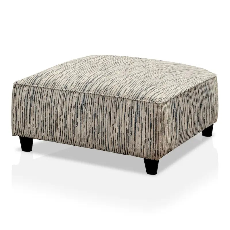 Transitional Ivory Striped Chenille Square Cocktail Ottoman with Wood Legs
