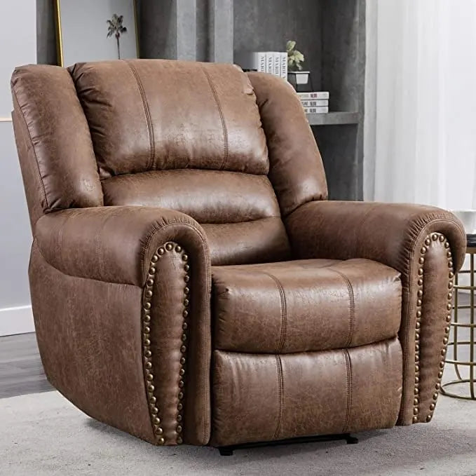 Classic Brown Leather Manual Recliner Chair with Plush Nailhead Trim