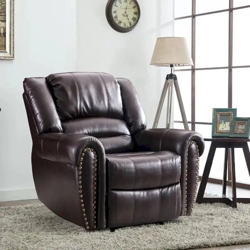 Classic Brown Leather Manual Recliner Chair with Plush Nailhead Trim