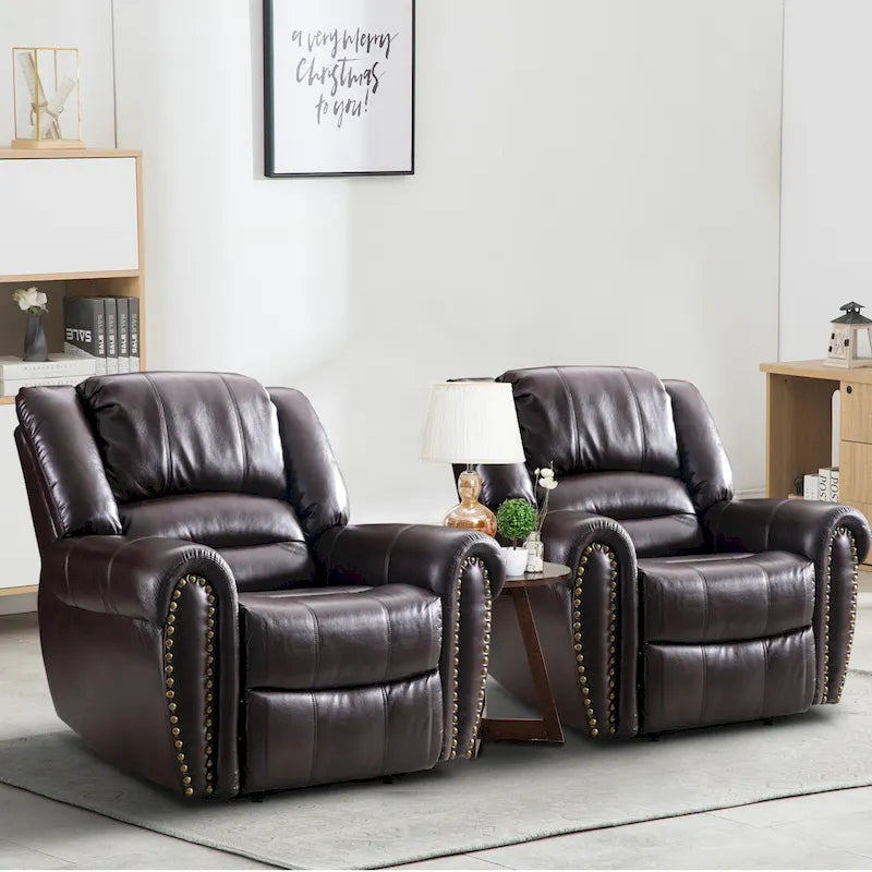 Classic Brown Leather Manual Recliner Chair with Plush Nailhead Trim