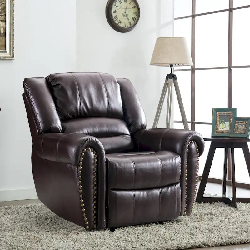 Classic Brown Leather Manual Recliner Chair with Plush Nailhead Trim