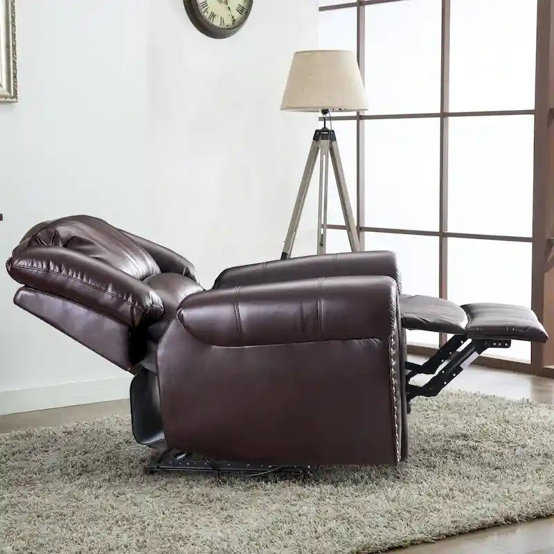Classic Brown Leather Manual Recliner Chair with Plush Nailhead Trim