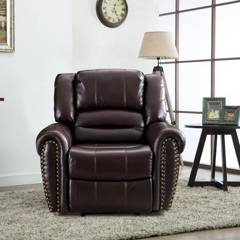 Classic Brown Leather Manual Recliner Chair with Plush Nailhead Trim