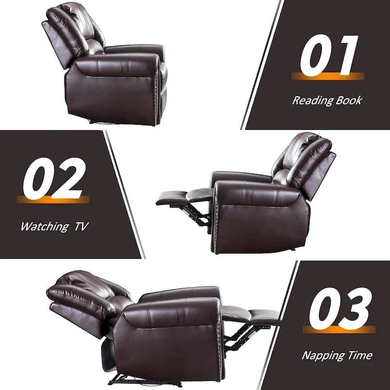 Classic Brown Leather Manual Recliner Chair with Plush Nailhead Trim