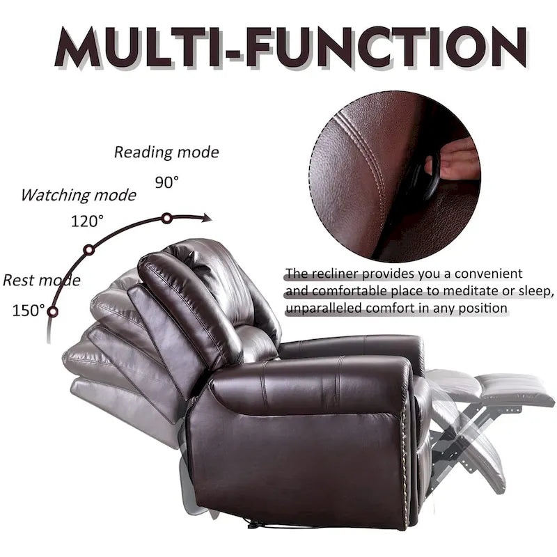 Classic Brown Leather Manual Recliner Chair with Plush Nailhead Trim