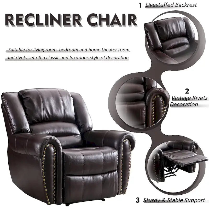 Classic Brown Leather Manual Recliner Chair with Plush Nailhead Trim