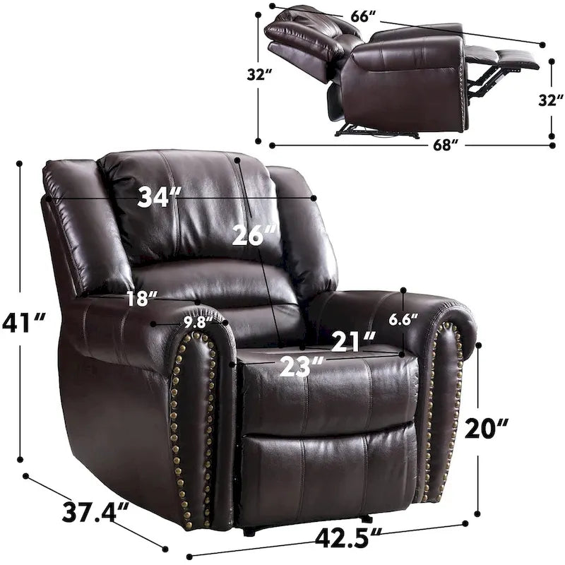 Classic Brown Leather Manual Recliner Chair with Plush Nailhead Trim