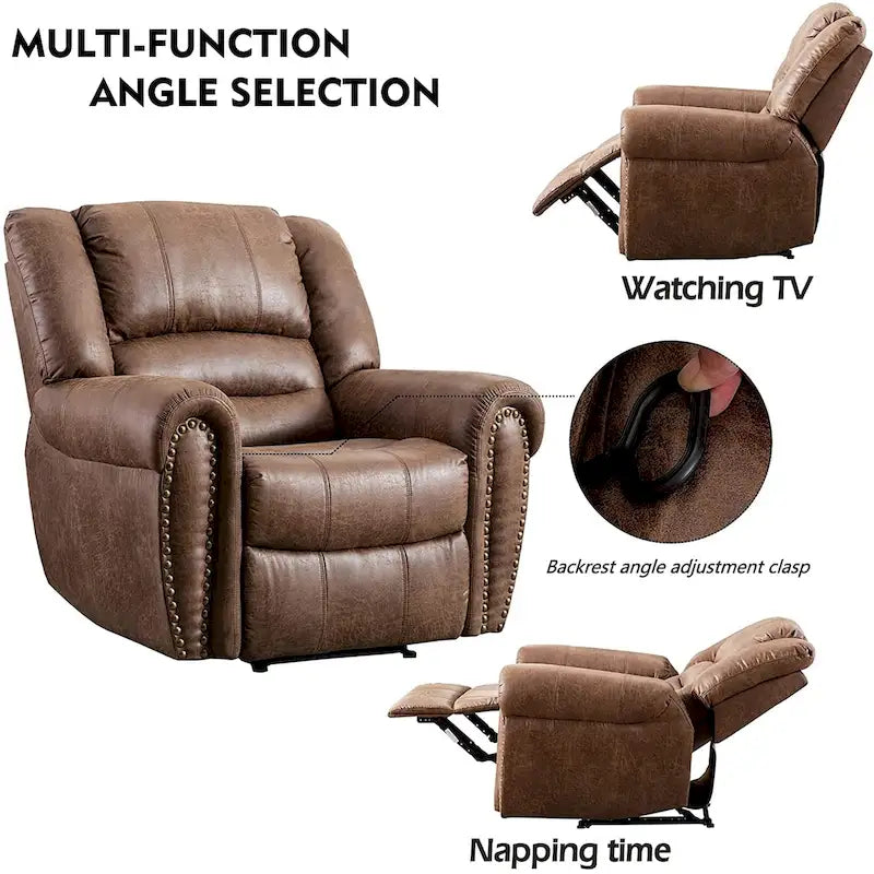 Classic Brown Leather Manual Recliner Chair with Plush Nailhead Trim
