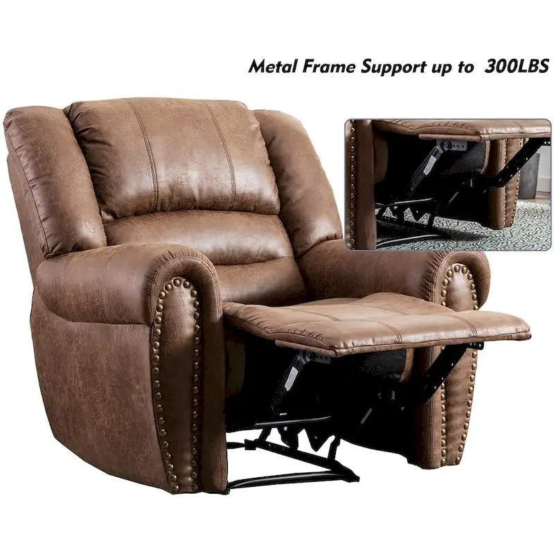 Classic Brown Leather Manual Recliner Chair with Plush Nailhead Trim