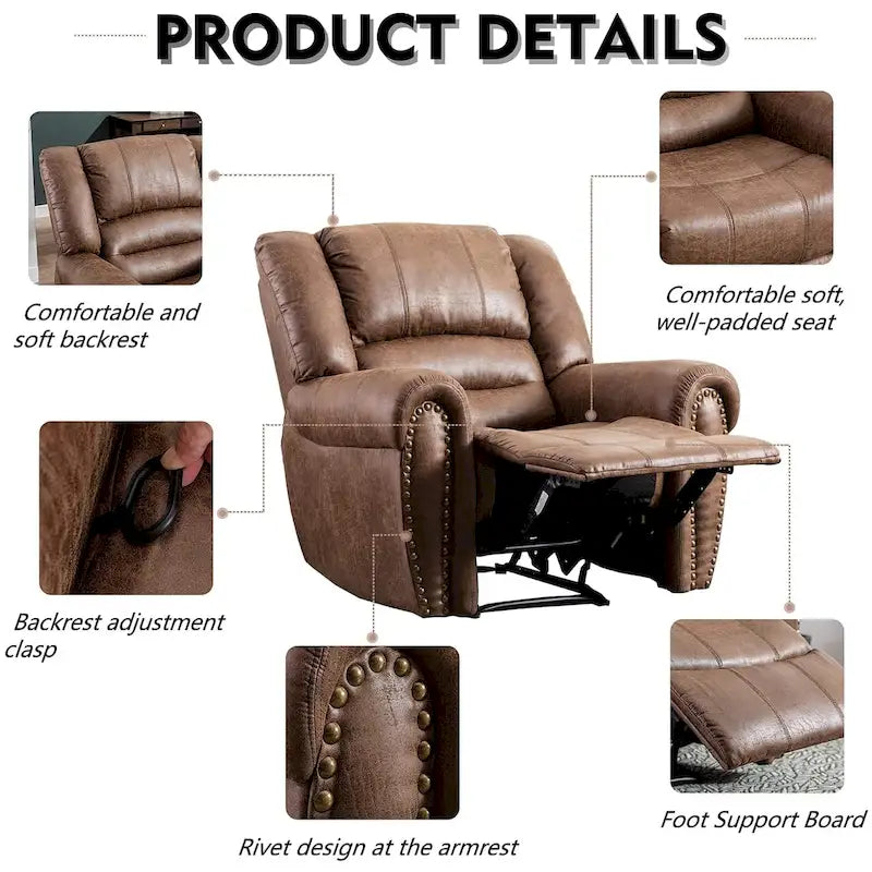 Classic Brown Leather Manual Recliner Chair with Plush Nailhead Trim