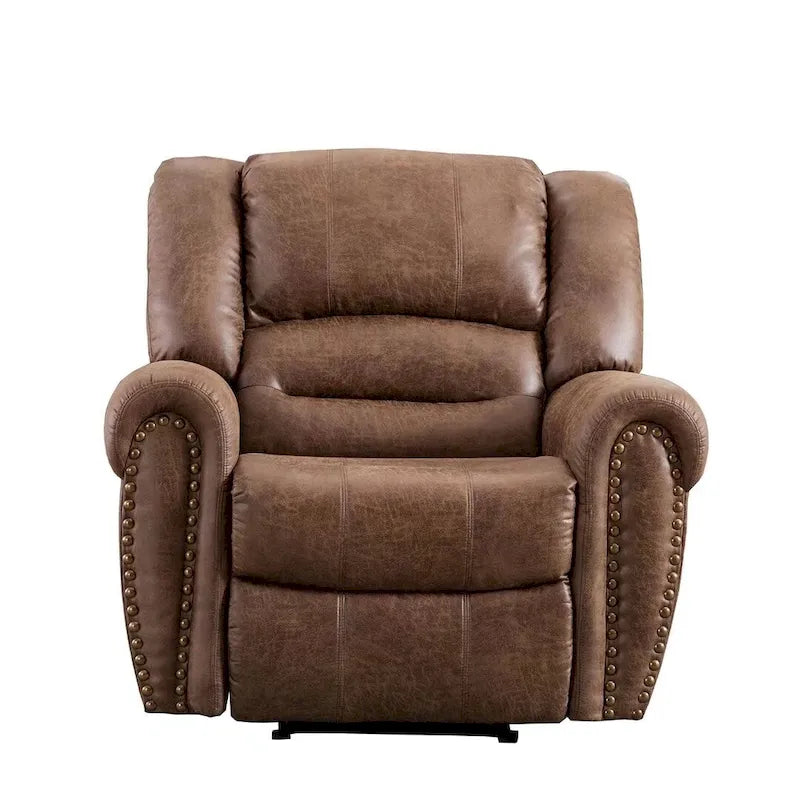 Classic Brown Leather Manual Recliner Chair with Plush Nailhead Trim