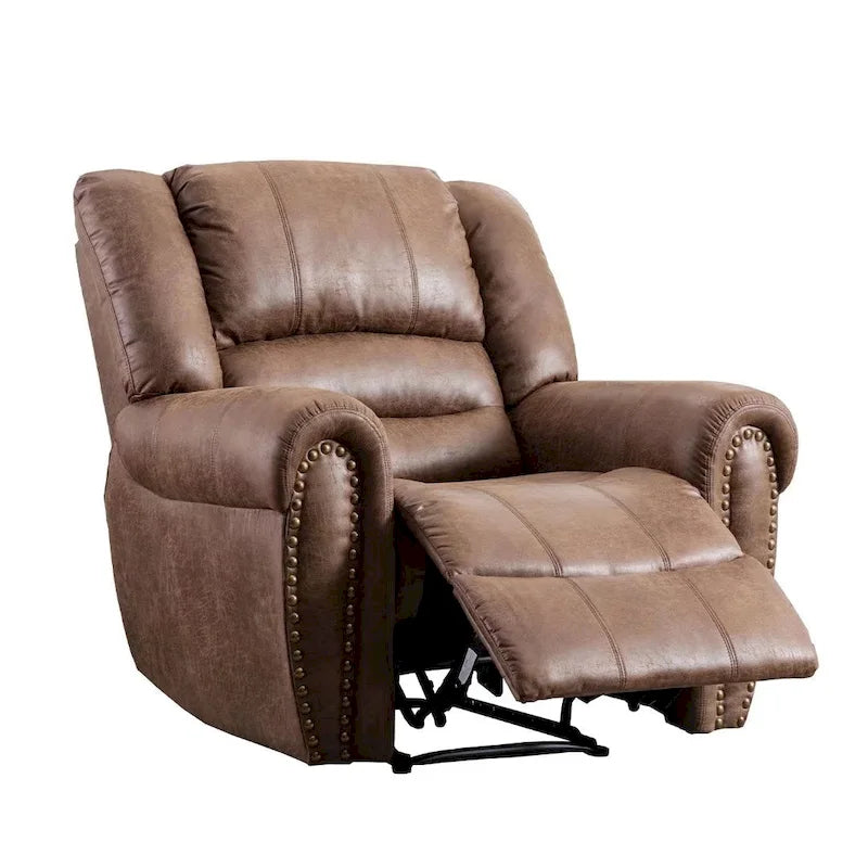 Classic Brown Leather Manual Recliner Chair with Plush Nailhead Trim