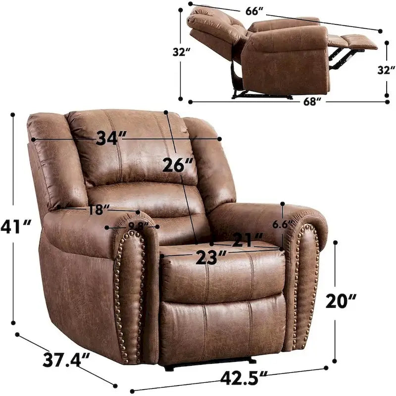 Classic Brown Leather Manual Recliner Chair with Plush Nailhead Trim