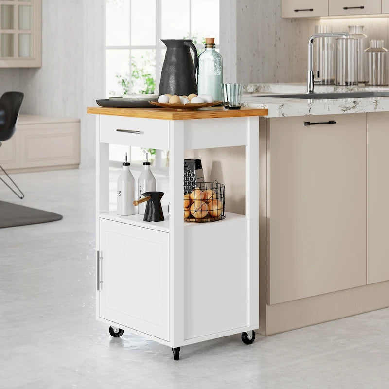 Compact Rolling Kitchen Cart with Drawer Cabinet and Open Shelf