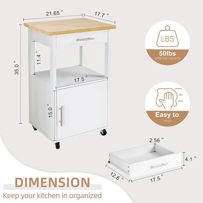Compact Rolling Kitchen Cart with Drawer Cabinet and Open Shelf