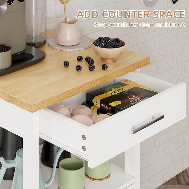 Compact Rolling Kitchen Cart with Drawer Cabinet and Open Shelf