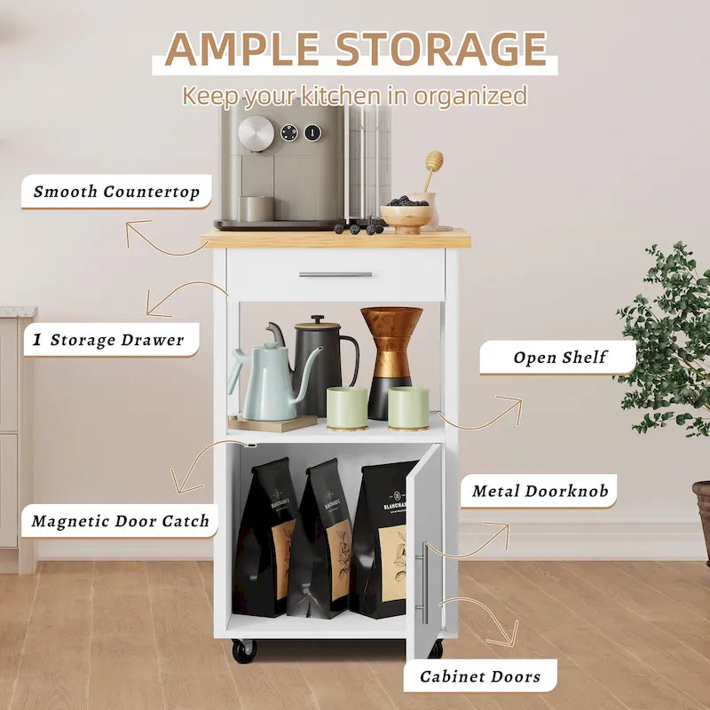 Compact Rolling Kitchen Cart with Drawer Cabinet and Open Shelf