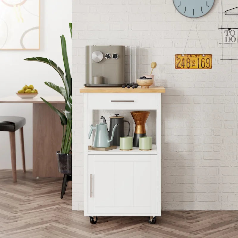 Compact Rolling Kitchen Cart with Drawer Cabinet and Open Shelf