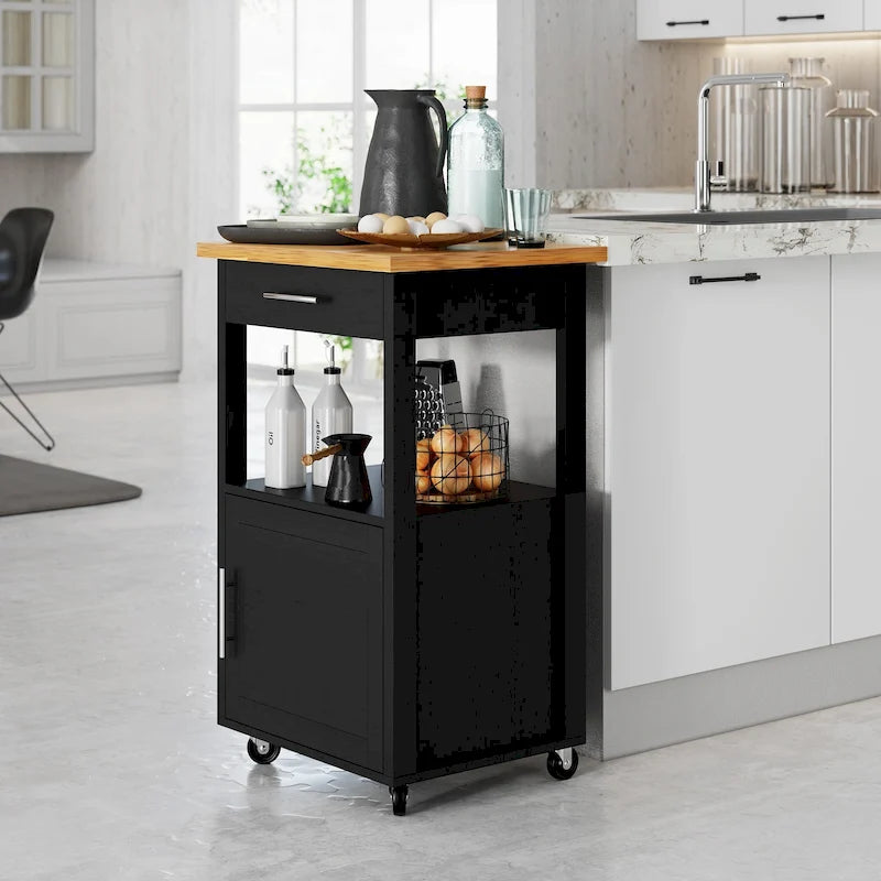 Compact Rolling Kitchen Cart with Drawer Cabinet and Open Shelf