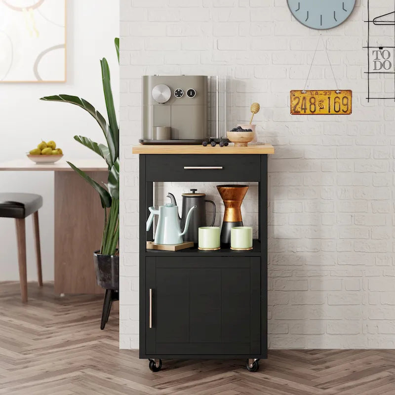 Compact Rolling Kitchen Cart with Drawer Cabinet and Open Shelf