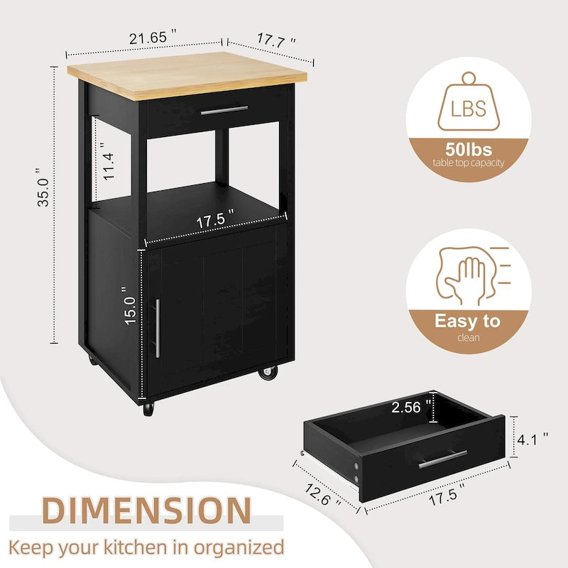 Compact Rolling Kitchen Cart with Drawer Cabinet and Open Shelf