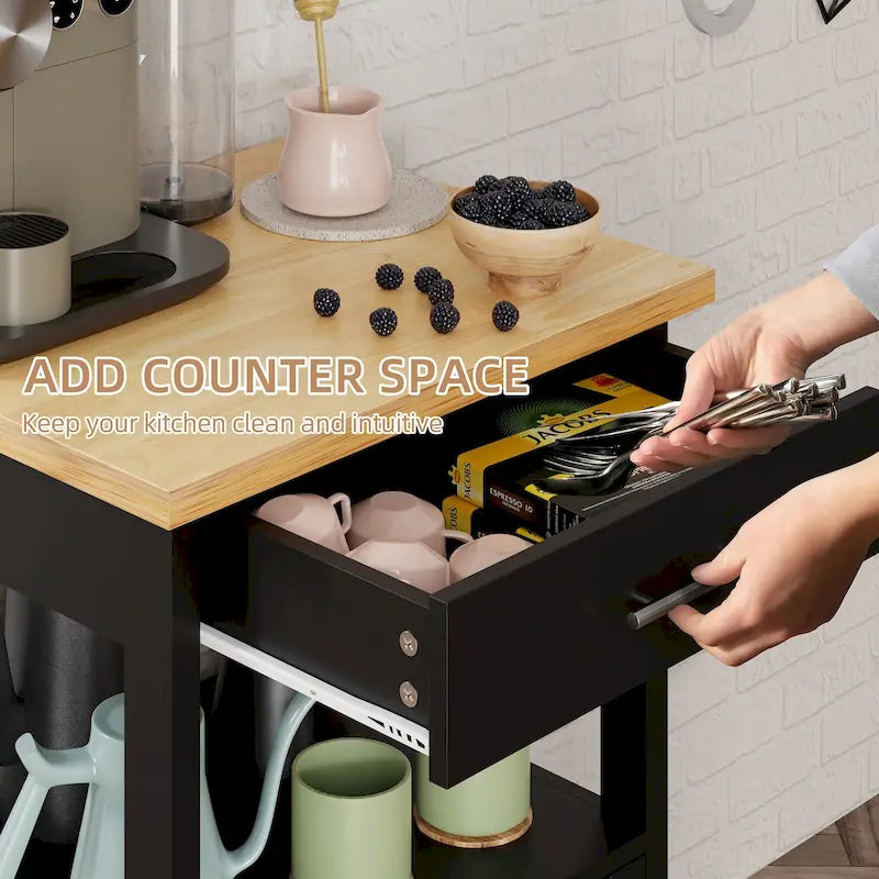 Compact Rolling Kitchen Cart with Drawer Cabinet and Open Shelf