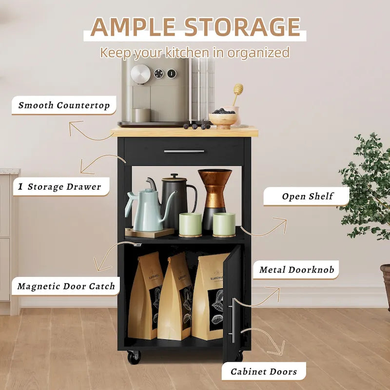 Compact Rolling Kitchen Cart with Drawer Cabinet and Open Shelf