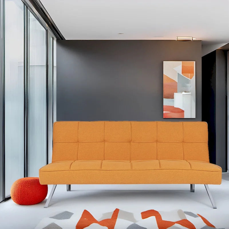 Modern Armless Tufted Linen Futon Sofa Bed with Metal Legs