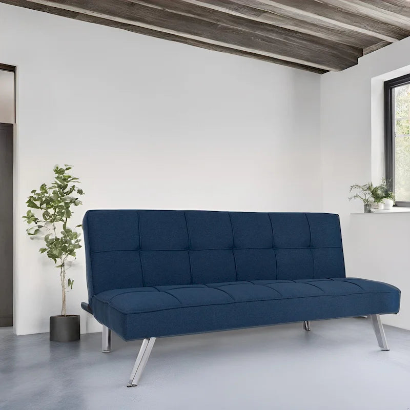 Modern Armless Tufted Linen Futon Sofa Bed with Metal Legs
