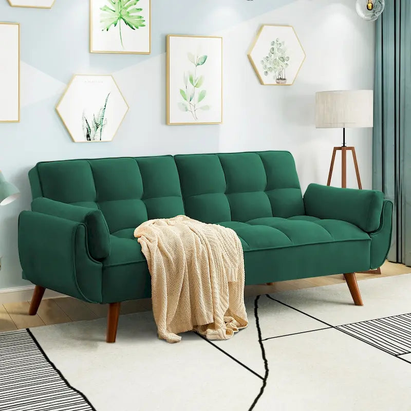 Modern Tufted Linen Futon Sofa Bed with Solid Wood Legs