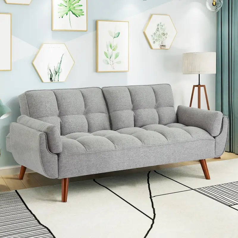 Modern Tufted Linen Futon Sofa Bed with Solid Wood Legs