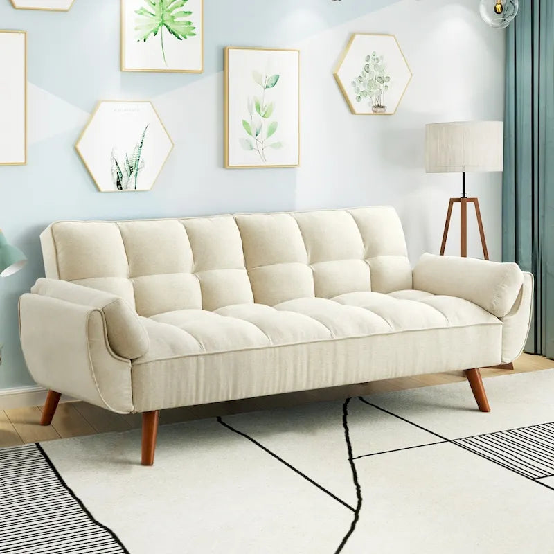 Modern Tufted Linen Futon Sofa Bed with Solid Wood Legs