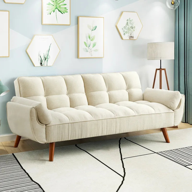 Modern Tufted Linen Futon Sofa Bed with Solid Wood Legs