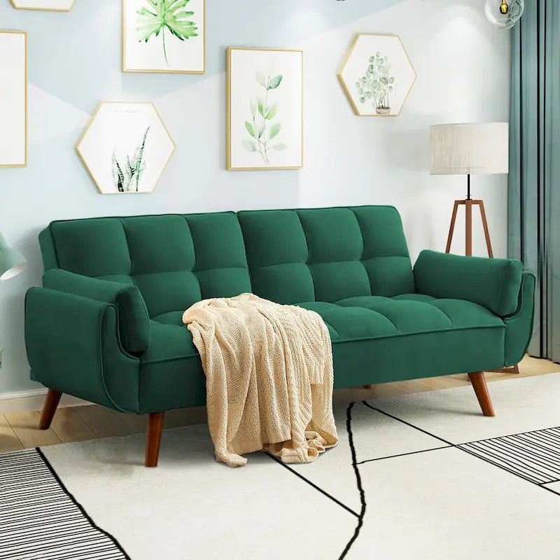 Modern Tufted Linen Futon Sofa Bed with Solid Wood Legs