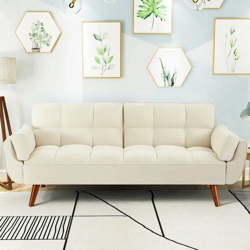 Modern Tufted Linen Futon Sofa Bed with Solid Wood Legs