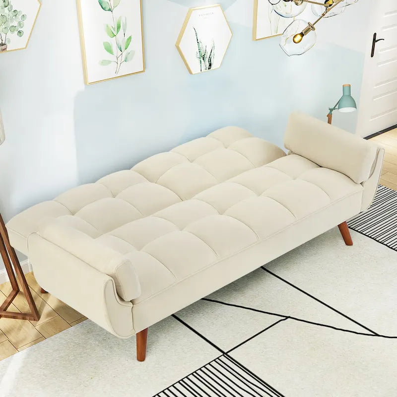 Modern Tufted Linen Futon Sofa Bed with Solid Wood Legs