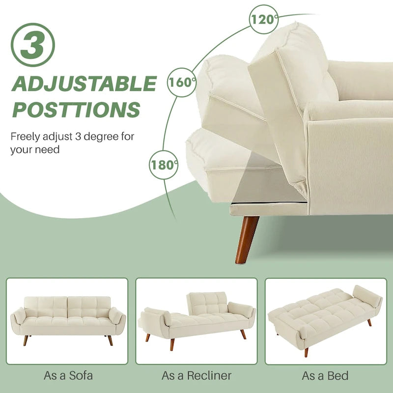 Modern Tufted Linen Futon Sofa Bed with Solid Wood Legs
