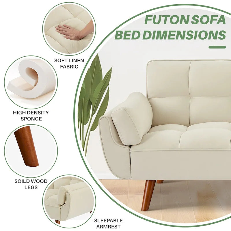 Modern Tufted Linen Futon Sofa Bed with Solid Wood Legs