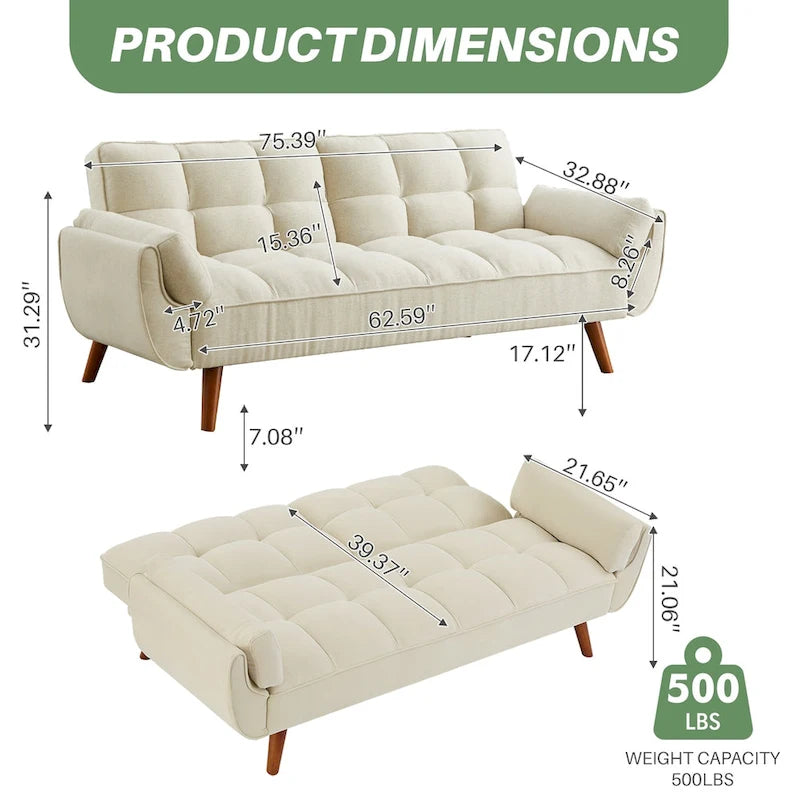 Modern Tufted Linen Futon Sofa Bed with Solid Wood Legs