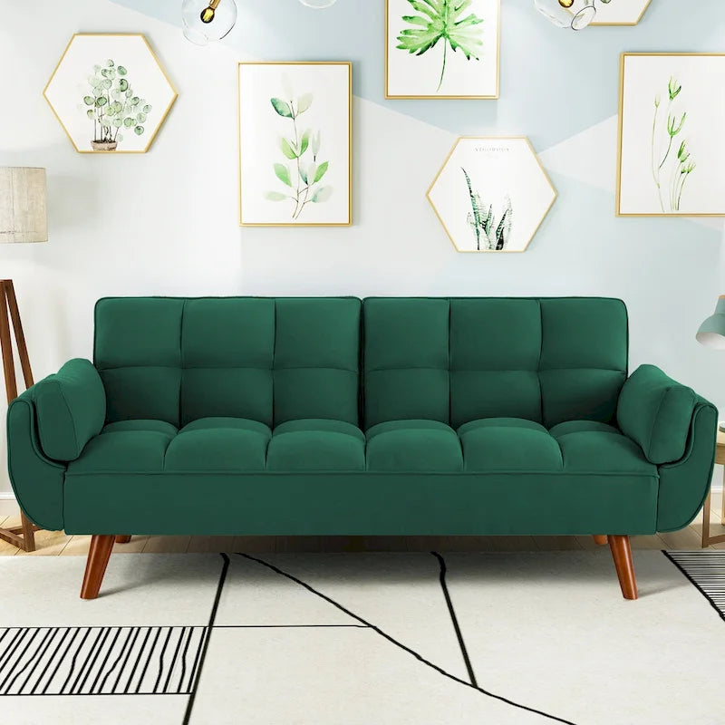 Modern Tufted Linen Futon Sofa Bed with Solid Wood Legs