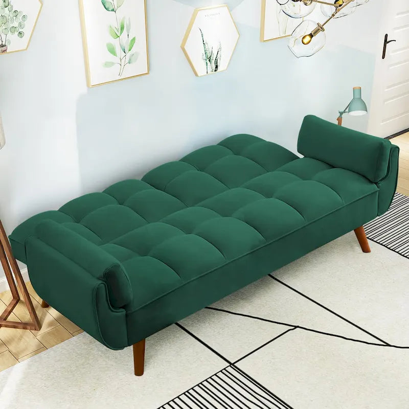 Modern Tufted Linen Futon Sofa Bed with Solid Wood Legs
