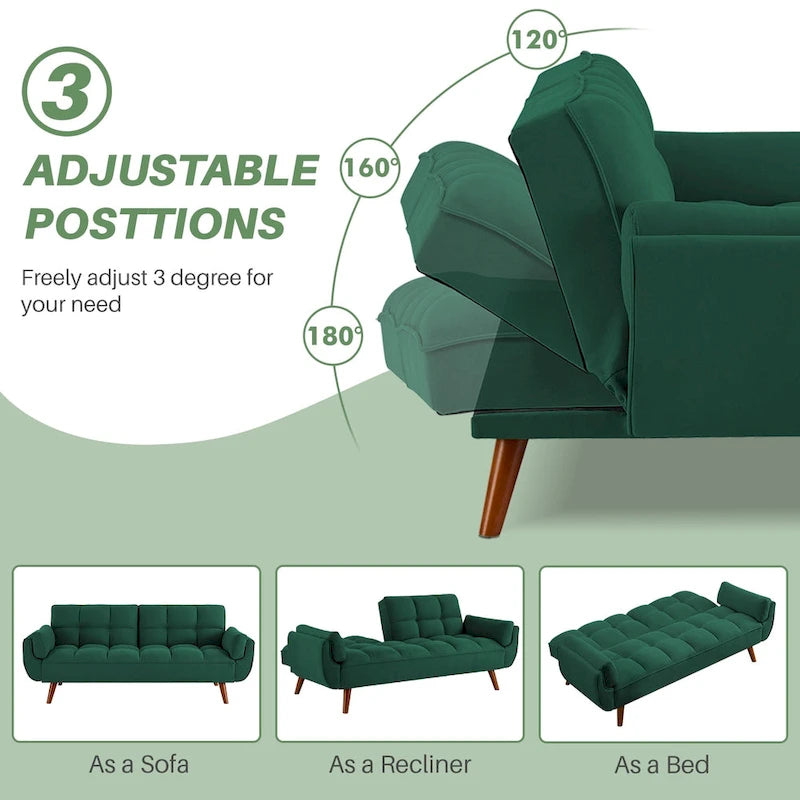 Modern Tufted Linen Futon Sofa Bed with Solid Wood Legs