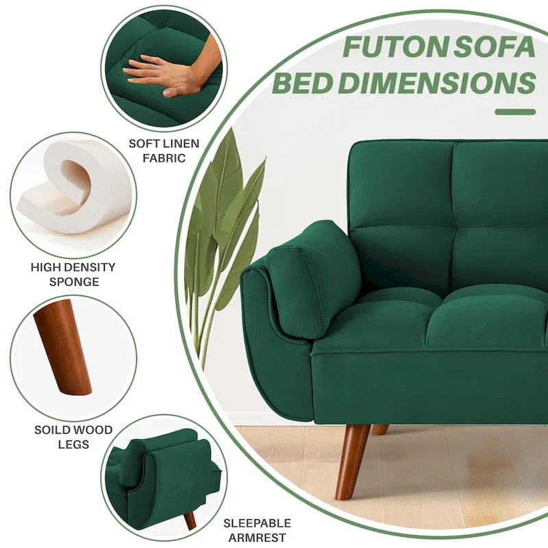 Modern Tufted Linen Futon Sofa Bed with Solid Wood Legs