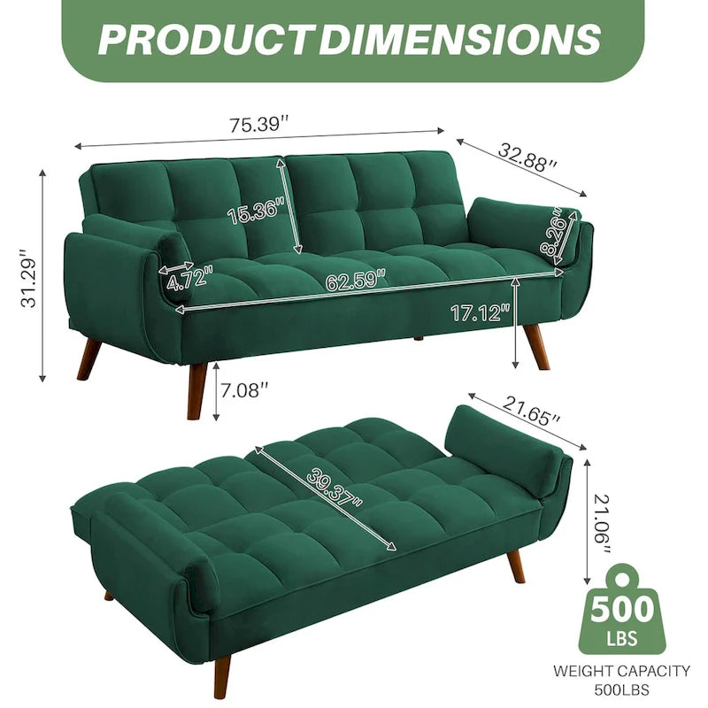 Modern Tufted Linen Futon Sofa Bed with Solid Wood Legs